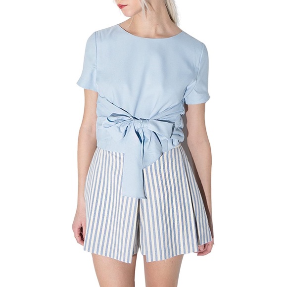 Tops - Tie Front Short Sleeve Cropped Blouse Baby Blue